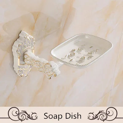 étagère salle bain blanc doré ornements sculptés finition art déco porte serviettes savon brosse