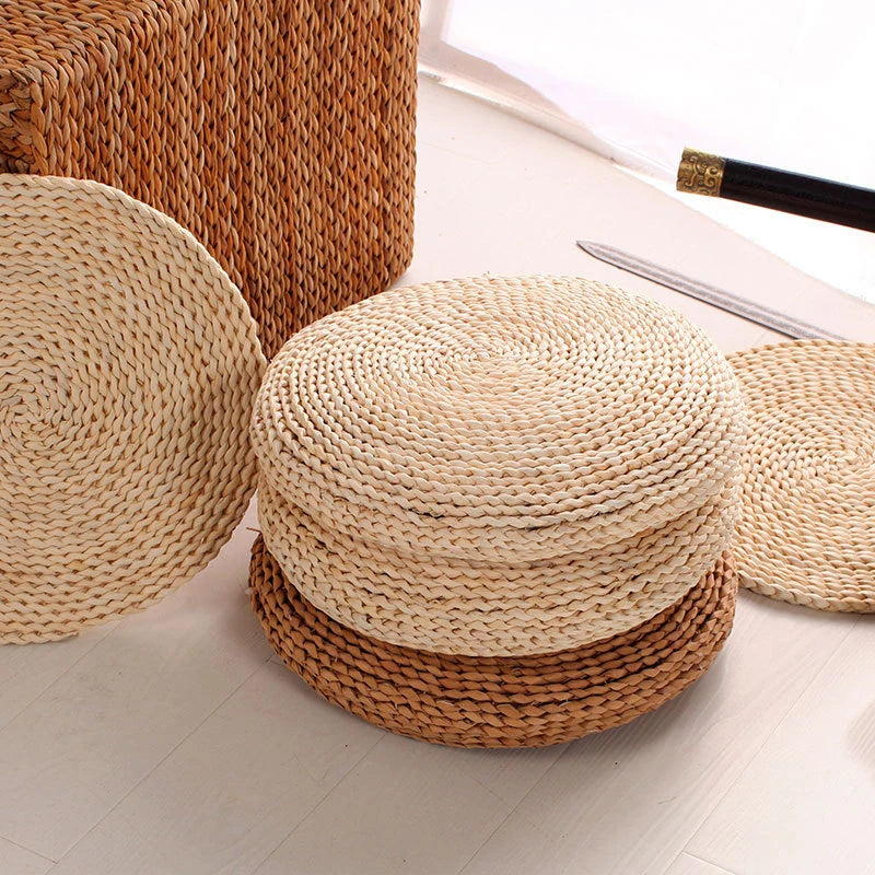 coussin sol rond tissé motifs circulaires paille souple opaque naturel 30cm 40cm