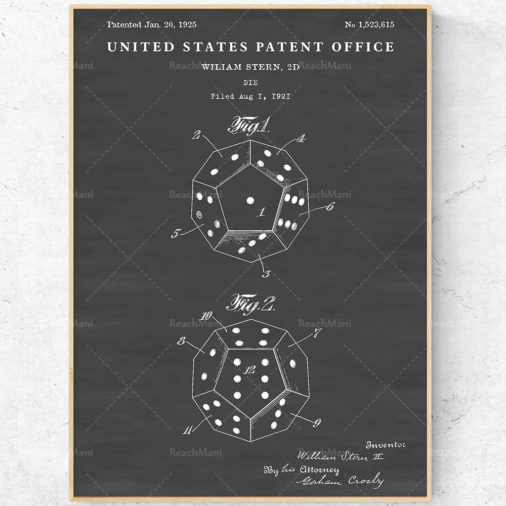 Affiche de brevet d'un diagramme de dé caractéristique, datant de 1925, avec un design original pour un jeu ou un objet.