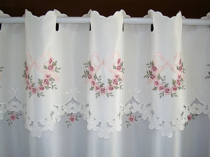 rideau semi transparent fleuri brodé blanc rose fenêtre chambre vintage 30cm 88cm