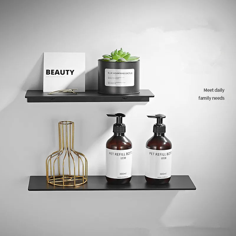 étagère murale moderne acier inoxydable noir vis fixations rangement salle bain minimaliste cosmétiques plantes