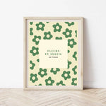 Affiche décorative avec motif de fleurs vertes sur fond clair et texte "Fleurs et soleil on France".