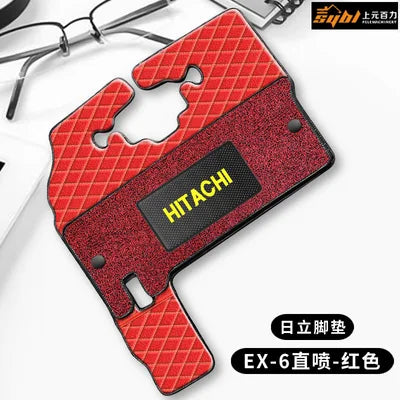 tapis sol rouge noir quilté moderne hitachi logo cabine véhicule