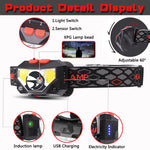 lampe frontale led rechargeable usb noir mode capteur mouvement étanche six modes lumière adjustable