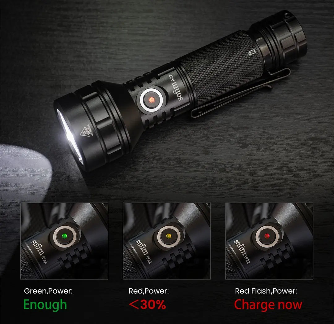 lampe torche led rechargeable 2100lm noire texturée moderne résistante autodéfense usb