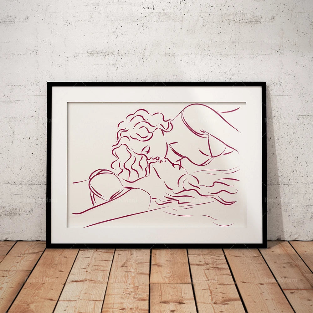 Cette image représente une illustration artistique abstraite avec des lignes et des formes rouges représentant une figure féminine.