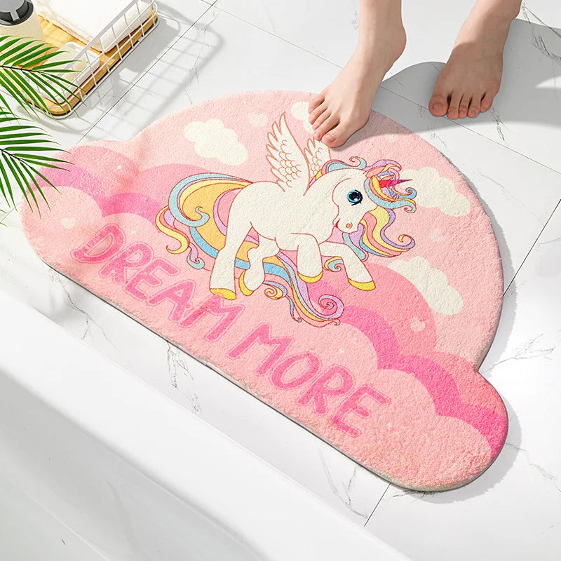 tapis bain licorne arc ciel nuages étoiles adhésif antidérapant bleu rose violet blanc cartoon