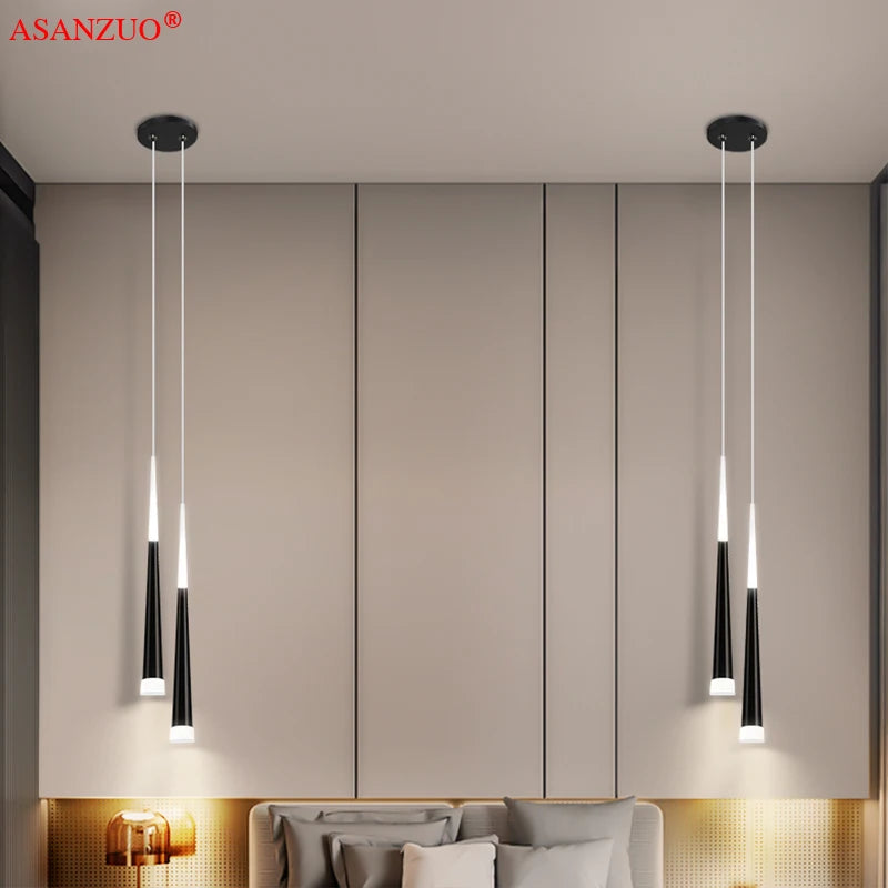 Lampe de chevet suspendue noire avec éclairage LED allumé