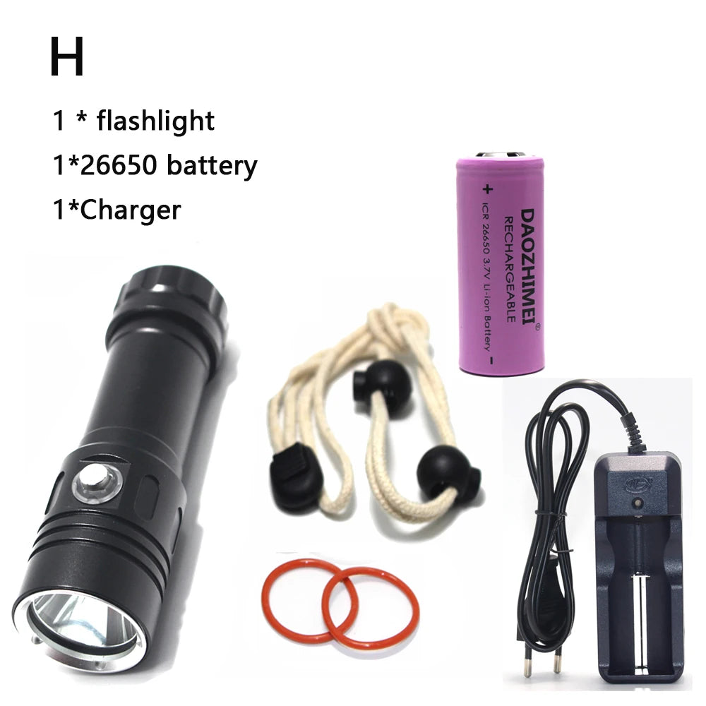 torche led rechargeable plongee camping 10w 6000lm 80m etanche noire