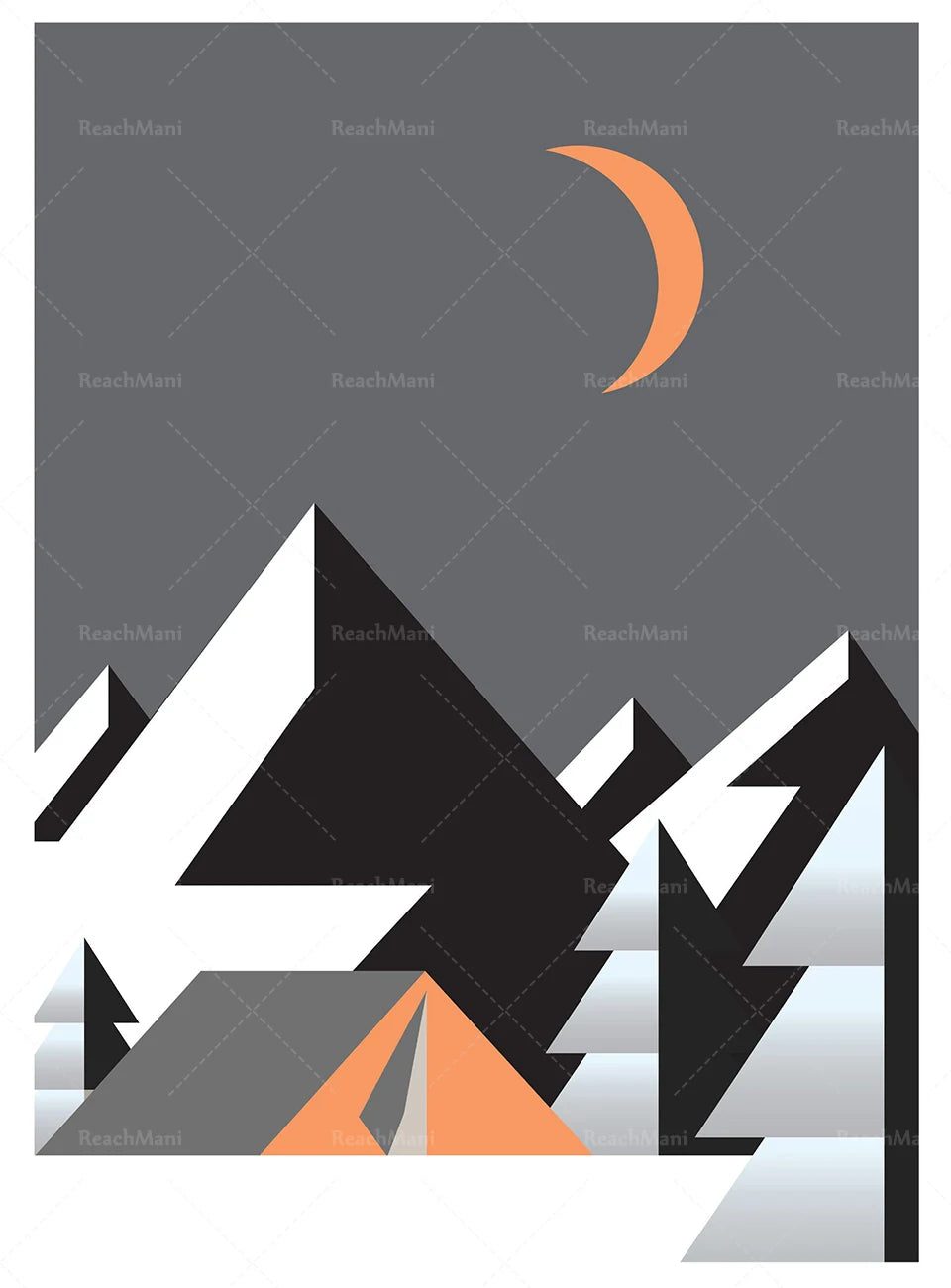 Scène hivernale minimaliste avec des montagnes triangulaires grises et noires sous une lune orange dans un ciel sombre.