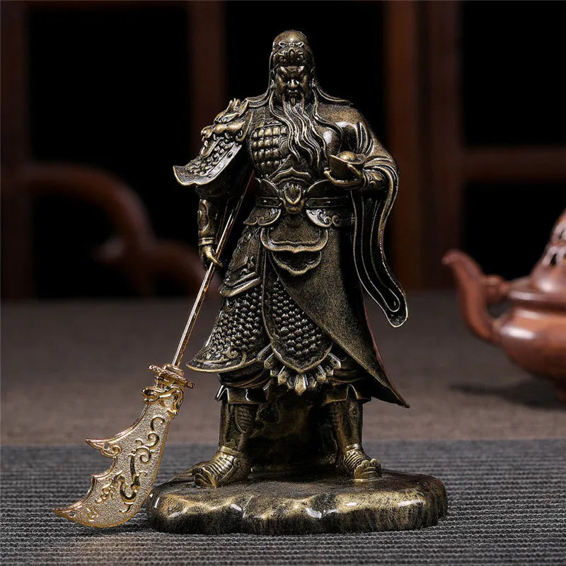 statue bouddha guan gong bronze armure historique décoration maison épée dorée résine feng shui
