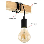 suspension lumineuse industrielle moderne bois naturel noir ampoules e27 clips métalliques chambre salon étude
