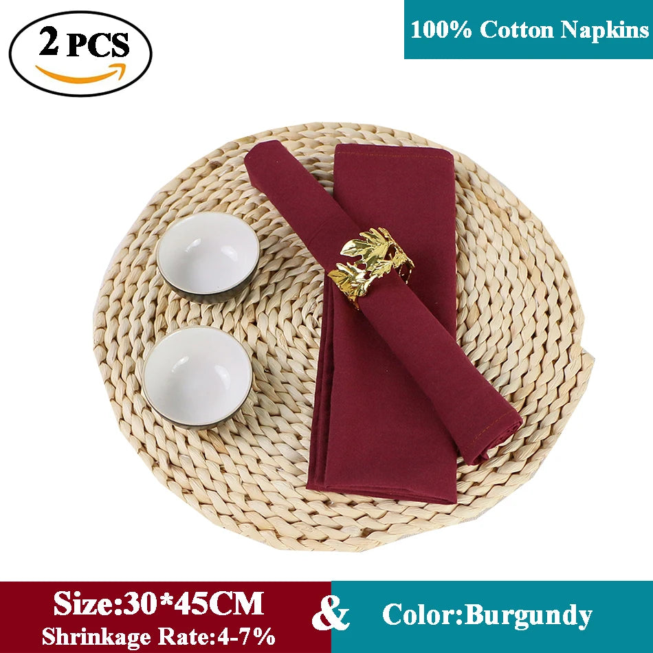 Serviettes de table en coton 100% de couleur bordeaux, taille 30 x 45 cm, avec un taux de rétrécissement de 4 à 7%.