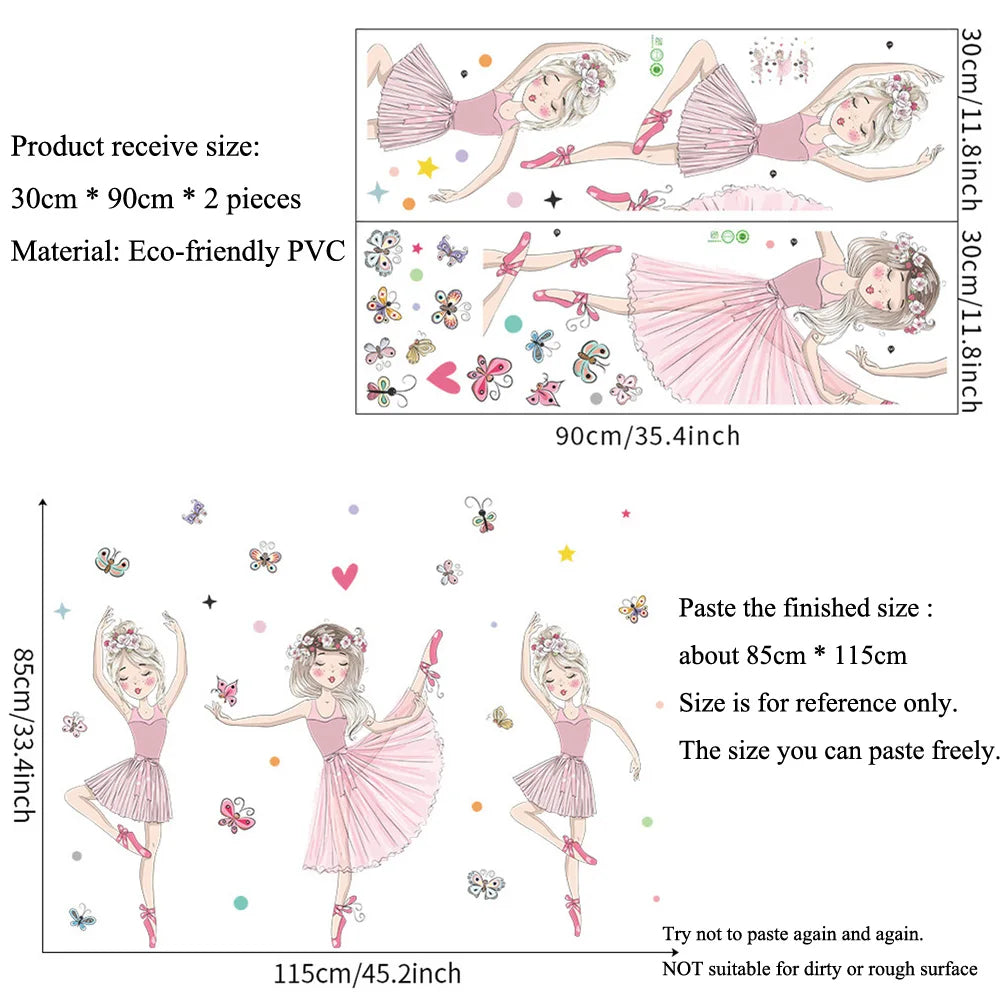 Stickers muraux danseuses tutu papillons coeurs couleurs vives illustration cartoon adhésif chambre enfant decoration