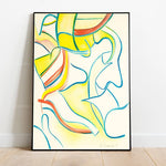 Cette œuvre d'art abstraite utilise des formes géométriques et des couleurs vives pour créer une composition dynamique et énergique.