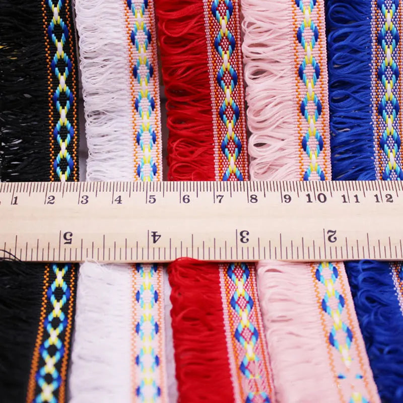 rubans jacquard franges motifs géométriques bleu rouge blanc rose ethnique boho chic opaques decoration