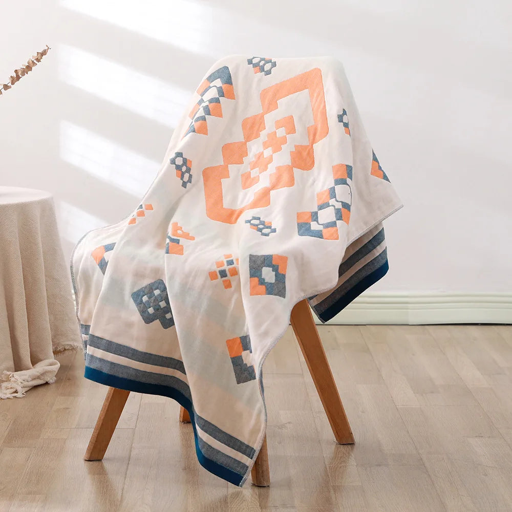 serviette bain coton bio rapide absorbant moderne motif géométrique blanc bleu orange gris
