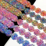 ruban décoratif fleurs strass brodé polyester rose bleu orange jaune marron opacité 6cm large