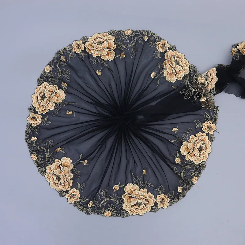 tissu dentelle motif floral doré polyester élégant noir opacité couture robe décoration artisanale