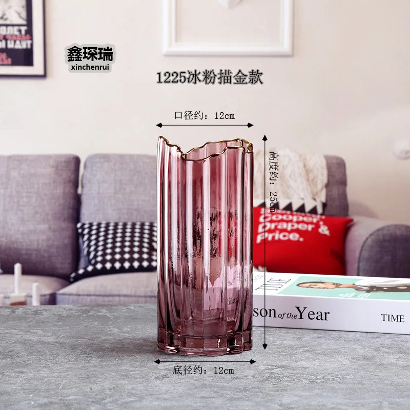 vase verre transparent moderne rayures horizontales couleurs vert gris rose rouge dorés fleurs artificielles