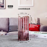 vase verre transparent moderne rayures horizontales couleurs vert gris rose rouge dorés fleurs artificielles