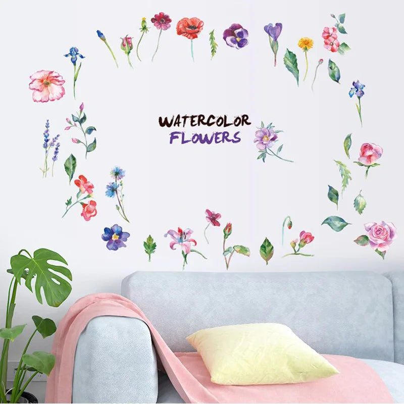 autocollants muraux fleurs aquarelle modernes multicolores rose violet bleu jaune résistants eau dimension 53x35cm