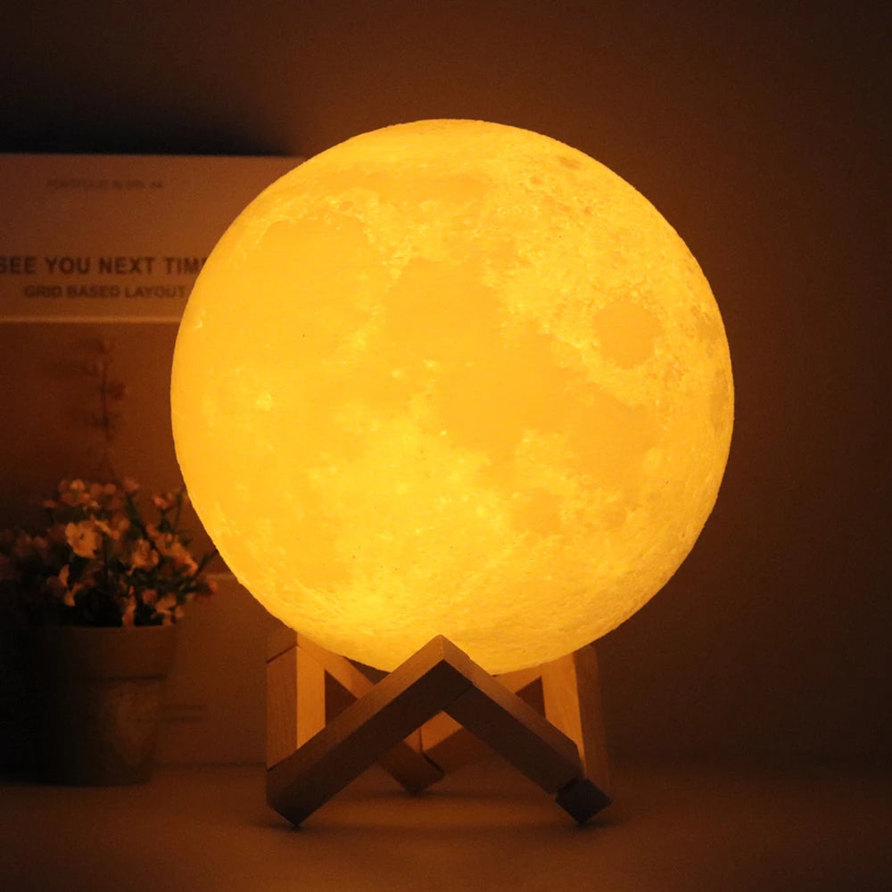 lampe table lunaire 3d imprimée blanc jaune doré support bois tactile led moderne chambre