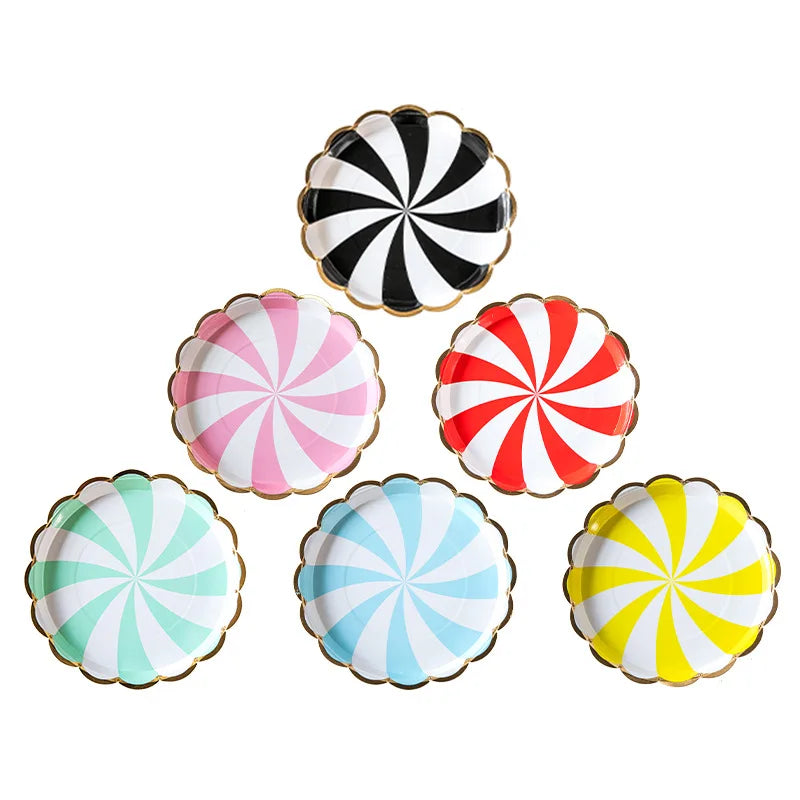 assiettes papier festives rayures spirales multicolores occasions anniversaire mariage fêtes famille