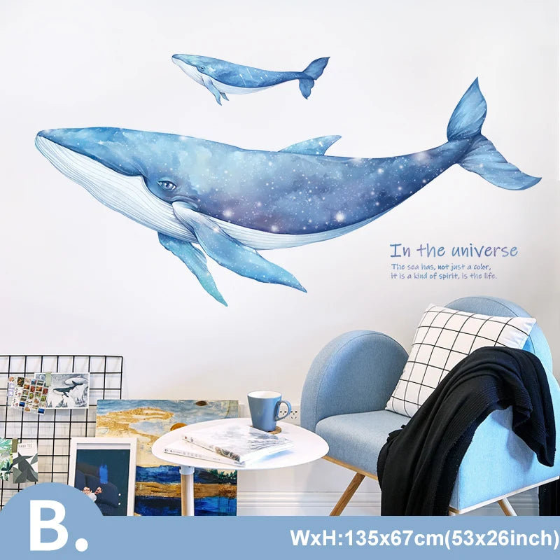 sticker mural baleine marine corail étoile mer enfant aquatique aquarelle transparent adhésif