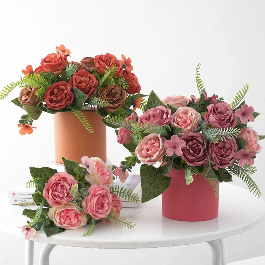 décoration maison bouquet fleurs artificielles pivoines roses feuilles naturel intérieur mariage anniversaire