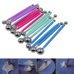 outils pâte fleur forme boule métallique pointues couleurs bleu rose vert violet modernes