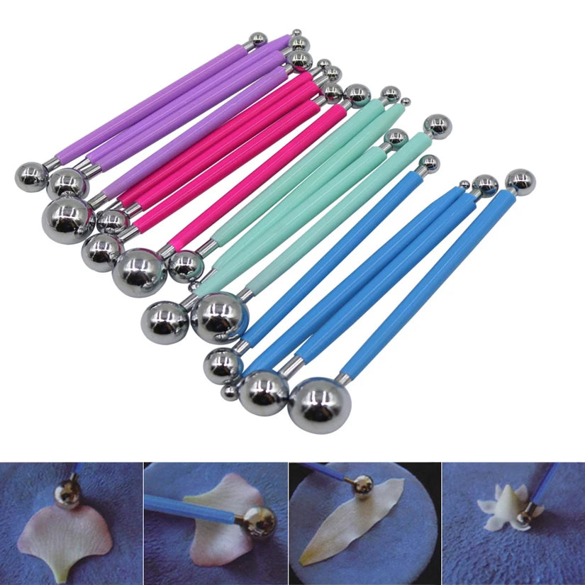outils pâte fleur forme boule métallique pointues couleurs bleu rose vert violet modernes