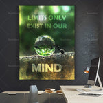 L'image montre une bannière murale avec le texte "Limits only exist in our mind" et une sphère réfléchissante sur un sol boueux, soulignant l'idée que les limites sont surtout dans notre esprit.