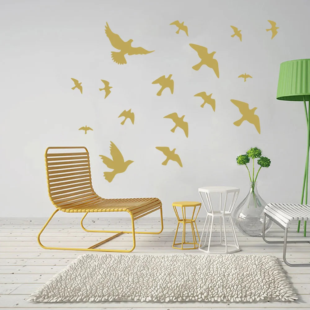 sticker mural moderne oiseaux volants blanc jaune noir 30x50cm adhésif