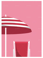 Une ombrelle rouge et blanche sur un arrière-plan rose, suggérant un endroit agréable et relaxant.
