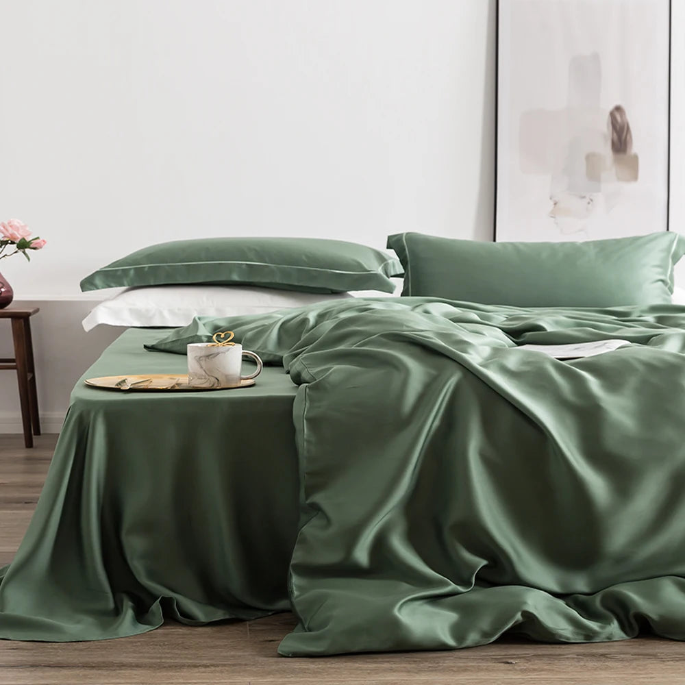 ensemble literie soie rose poudré drap housse taies oreillers minimaliste moderne élégant doux respirant