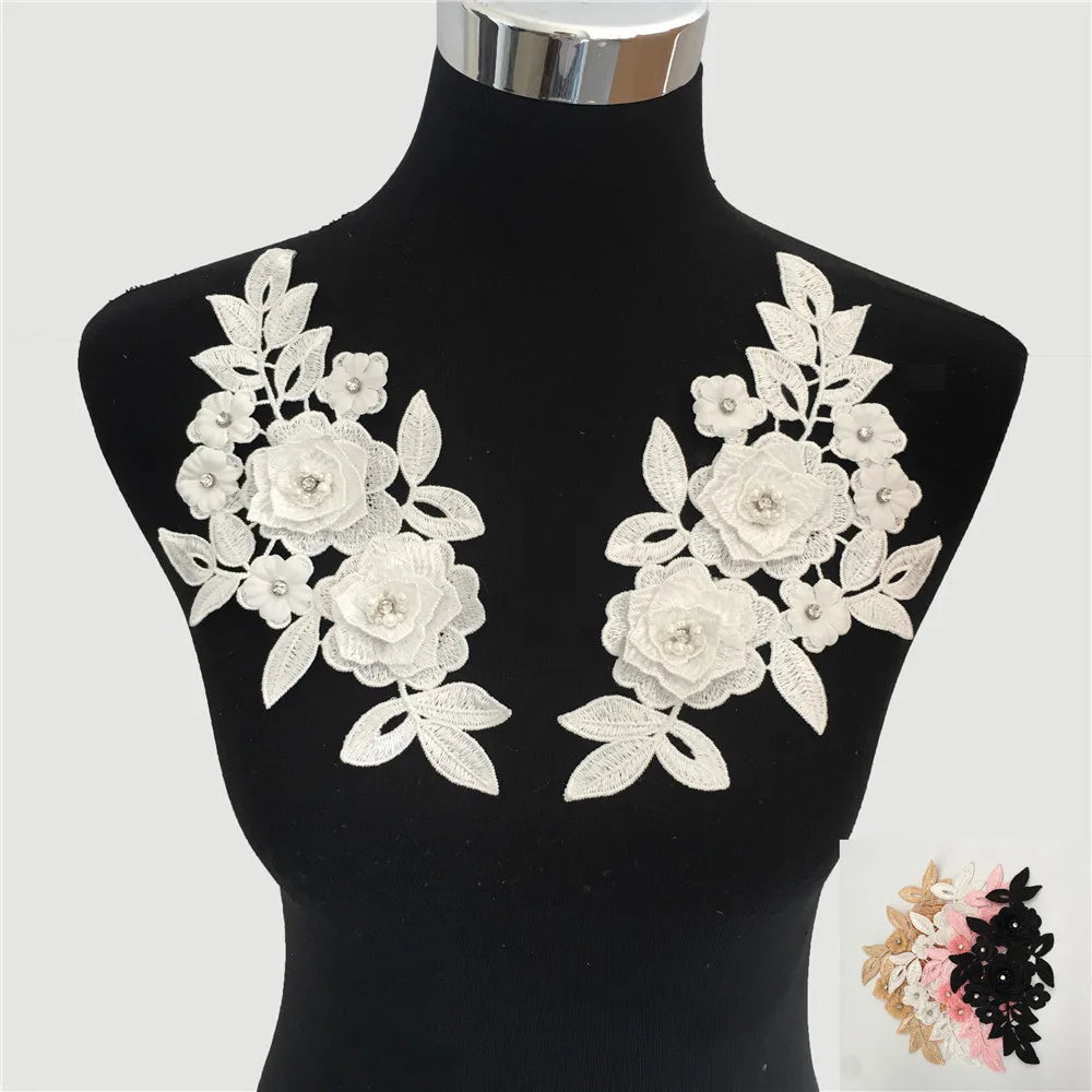 appliques textiles broderie florale dentelle fleurs feuilles blanc noir doré rose bleu