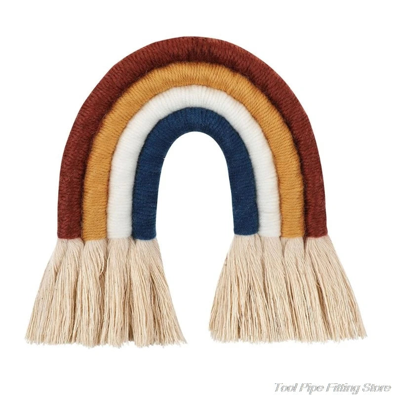 décoration murale arc ciel tissé franges boho chic marron beige bleu marine rose clair