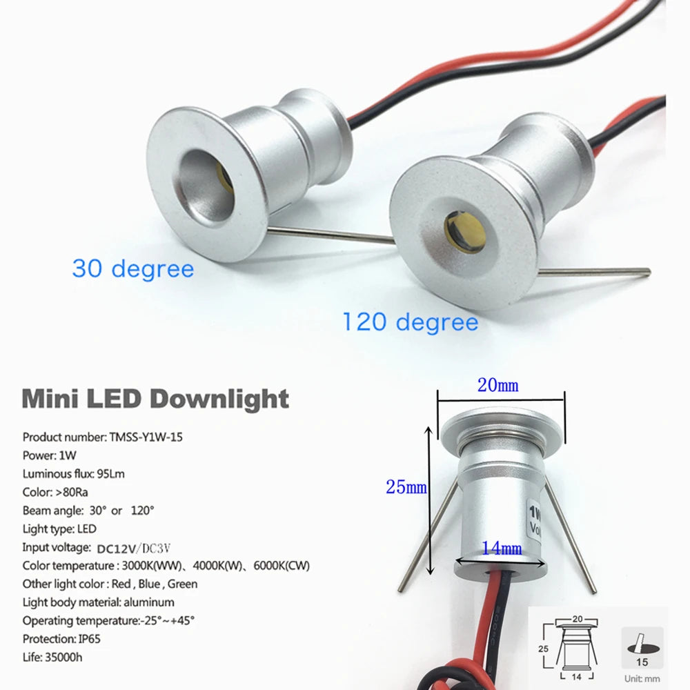 Spot LED argenté moderne 1W 12V 3V IP65 30° 120° câble 47cm