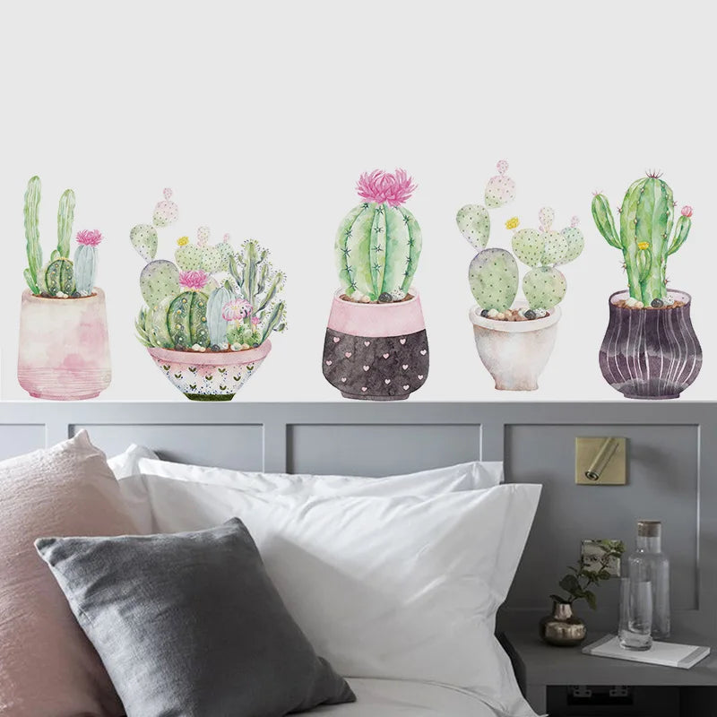 sticker mural cactus aquarelle vert rose gris illustration moderne adhésif intérieur décoration salon chambre