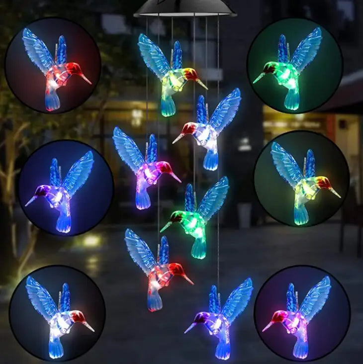 Mobile lumineux solaire oiseaux stylisés couleurs vives moderne extérieur LED changeantes
