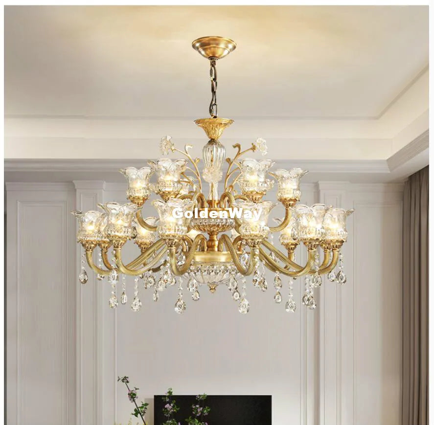 lustre cristal doré fleur transparent classique 18 bras suspension chambre salon