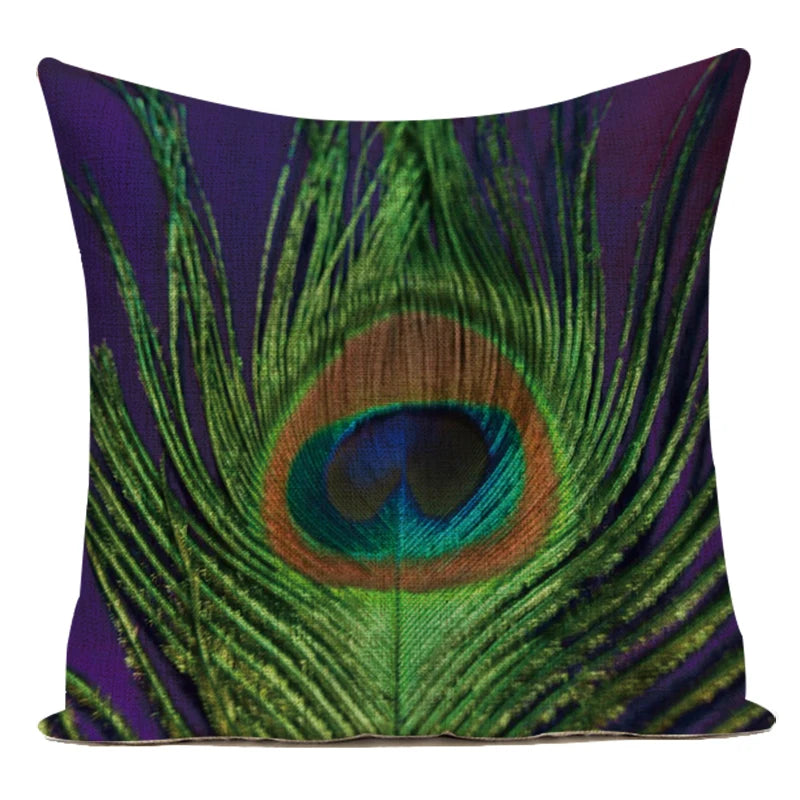 housse coussin carrée décorative motif paon bleu vert violet canapé salon moderne