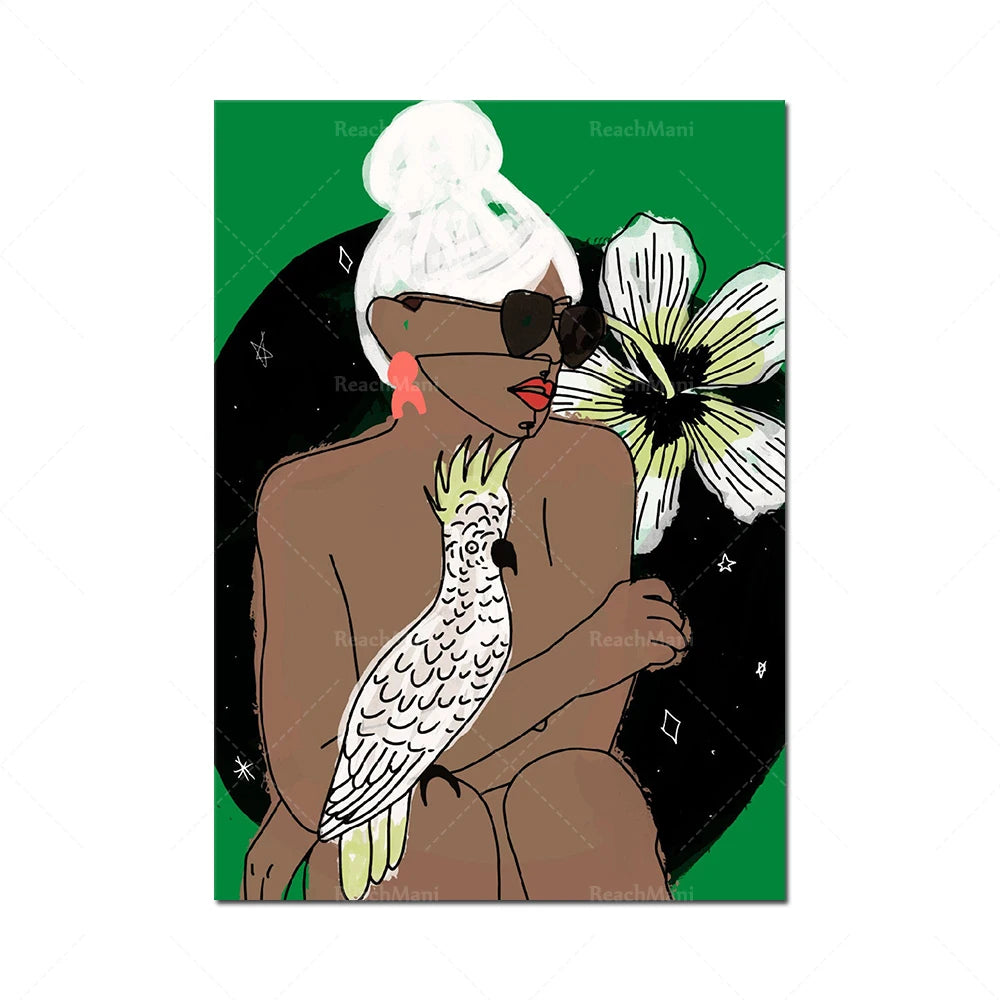 Cette image illustre une femme assise et couverte d'un oiseau stylisé, entourée de fleurs et d'éléments graphiques sur un fond vert.