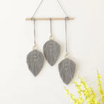 décoration murale boho feuilles brodées franges gris blanc jaune rose marron opacité trois pièces