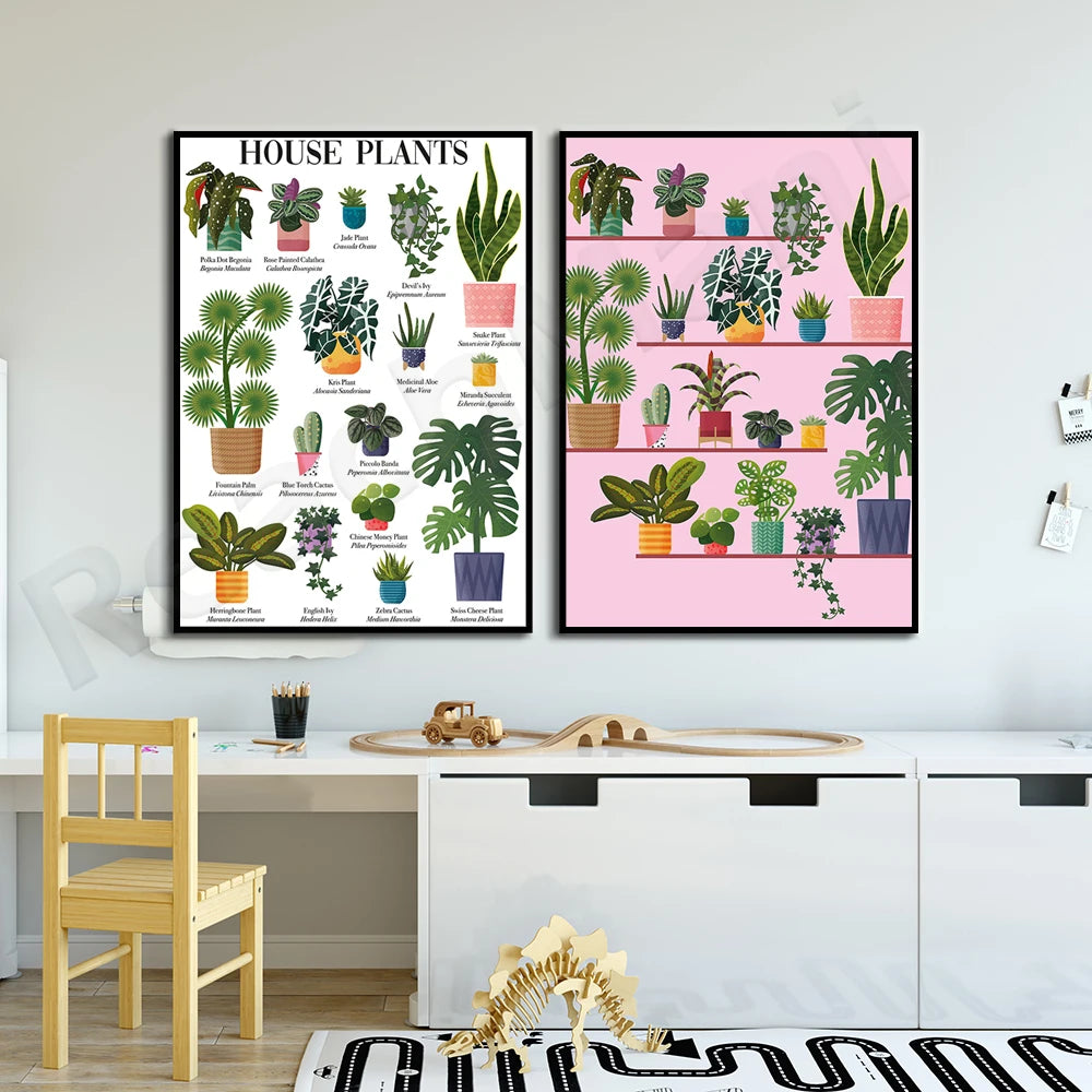 Deux affiches décorant un espace de vie, l'une présentant les différentes plantes d'intérieur, l'autre montrant une étagère remplie de plantes vertes dans des pots colorés.