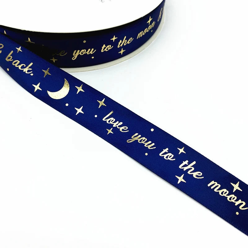 ruban bleu marine étoiles dorées constellations décoratif romantique polyester largeur 25mm longueur 1yard nœuds