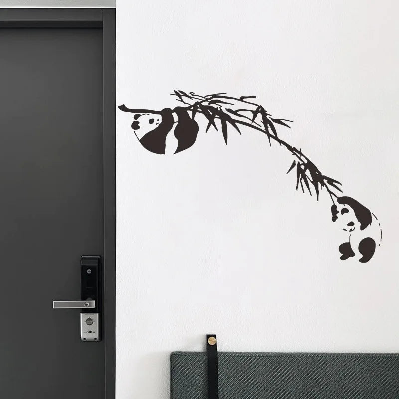 autocollant mural panda bambou minimaliste résistant eau dimension 62cm 95cm adhésive pvc noir chambre
