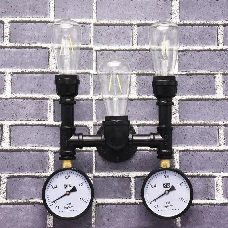 Lampe murale industrielle rétro bronze noir deux ampoules edison manomètres décoratifs fixations vis 27cm