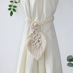 rideau boho blanc rayures verticales macramé bois pompons coton